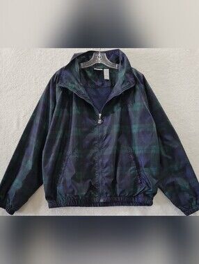 Jerzees Jacket Golf Windbreaker Men's Large Full Zip Green Blue Tartan Plaid VTG